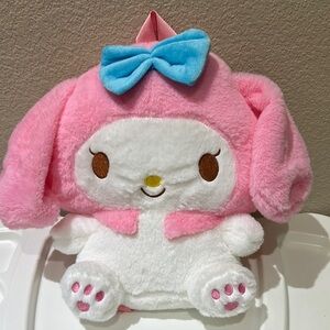 New Hello Kitty Pink and White Plush Backpack with Blue Bow